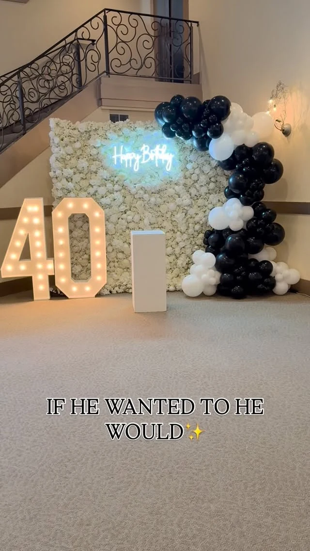 Fortieth birthday flower wall, navy and white balloon garland and illuminated numbers